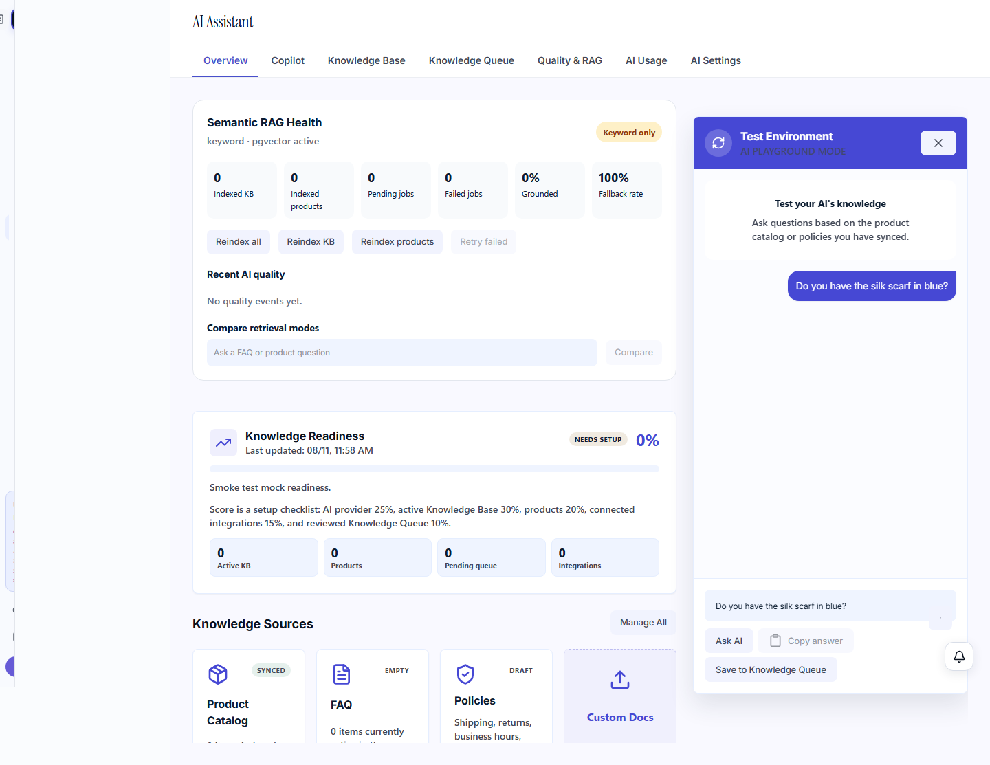 ZoeRelay AI workspace showing knowledge readiness and a safe answer playground