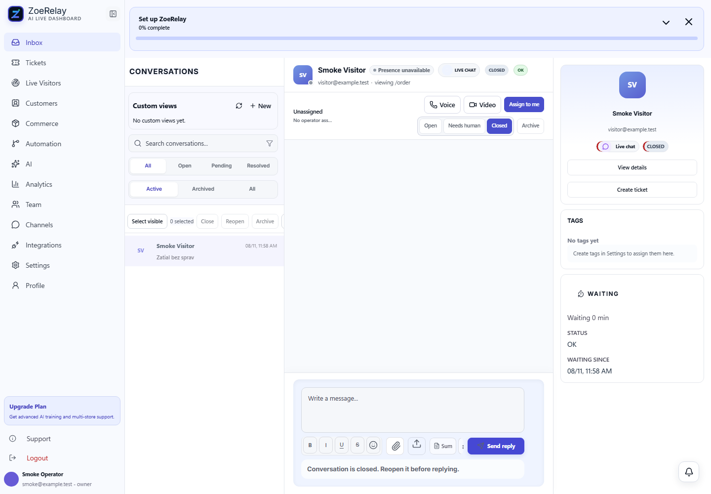 ZoeRelay live chat inbox with a conversation list, reply composer, and customer context